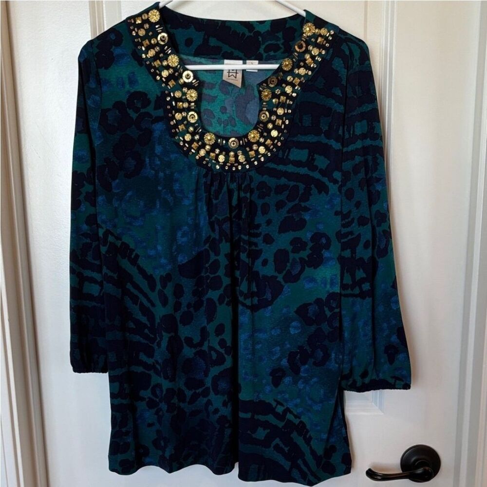 Marc Bouwer Blouse Womens Size L Leopard Stretch Gold Embellished Horseshoe Neck